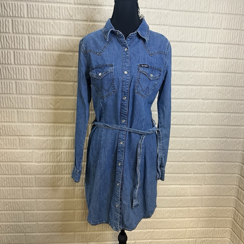 Wrangler Retro Shirt Dress Sz Small Blue Pearl Snap Western Cowgirl Rodeo Chic